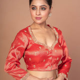 Red Tissue Blouse with Hand Embroidered Work - Anvi Couture