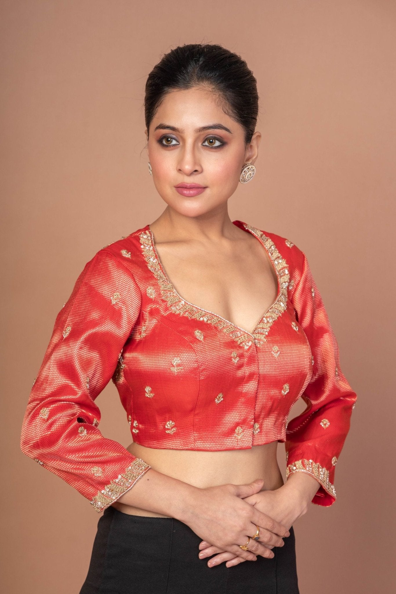 Red Tissue Blouse with Hand Embroidered Work - Anvi Couture