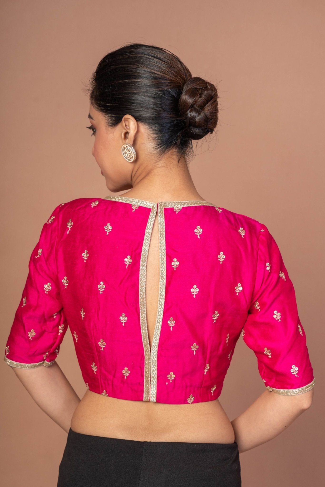 Fuchsia Pink Blouse With Floral Golden embroidered work with Boat Neckline - Anvi Couture