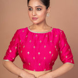 Fuchsia Pink Blouse With Floral Golden embroidered work with Boat Neckline - Anvi Couture
