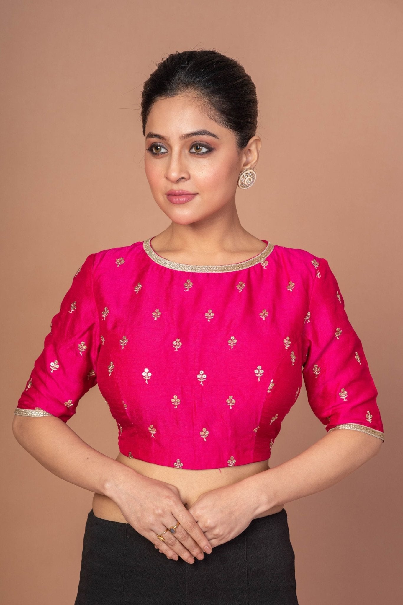 Fuchsia Pink Blouse With Floral Golden embroidered work with Boat Neckline - Anvi Couture
