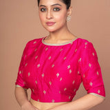 Fuchsia Pink Blouse With Floral Golden embroidered work with Boat Neckline - Anvi Couture