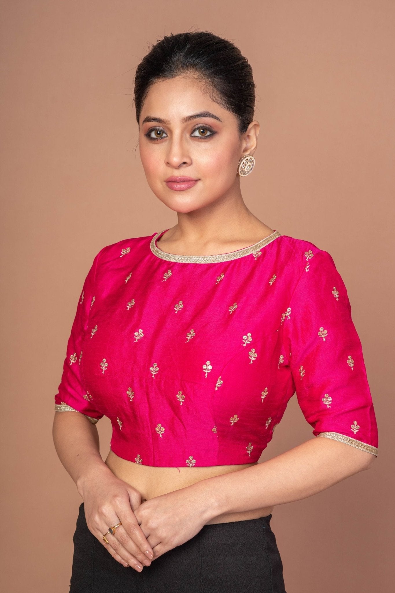 Fuchsia Pink Blouse With Floral Golden embroidered work with Boat Neckline - Anvi Couture