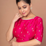 Fuchsia Pink Blouse With Floral Golden embroidered work with Boat Neckline - Anvi Couture