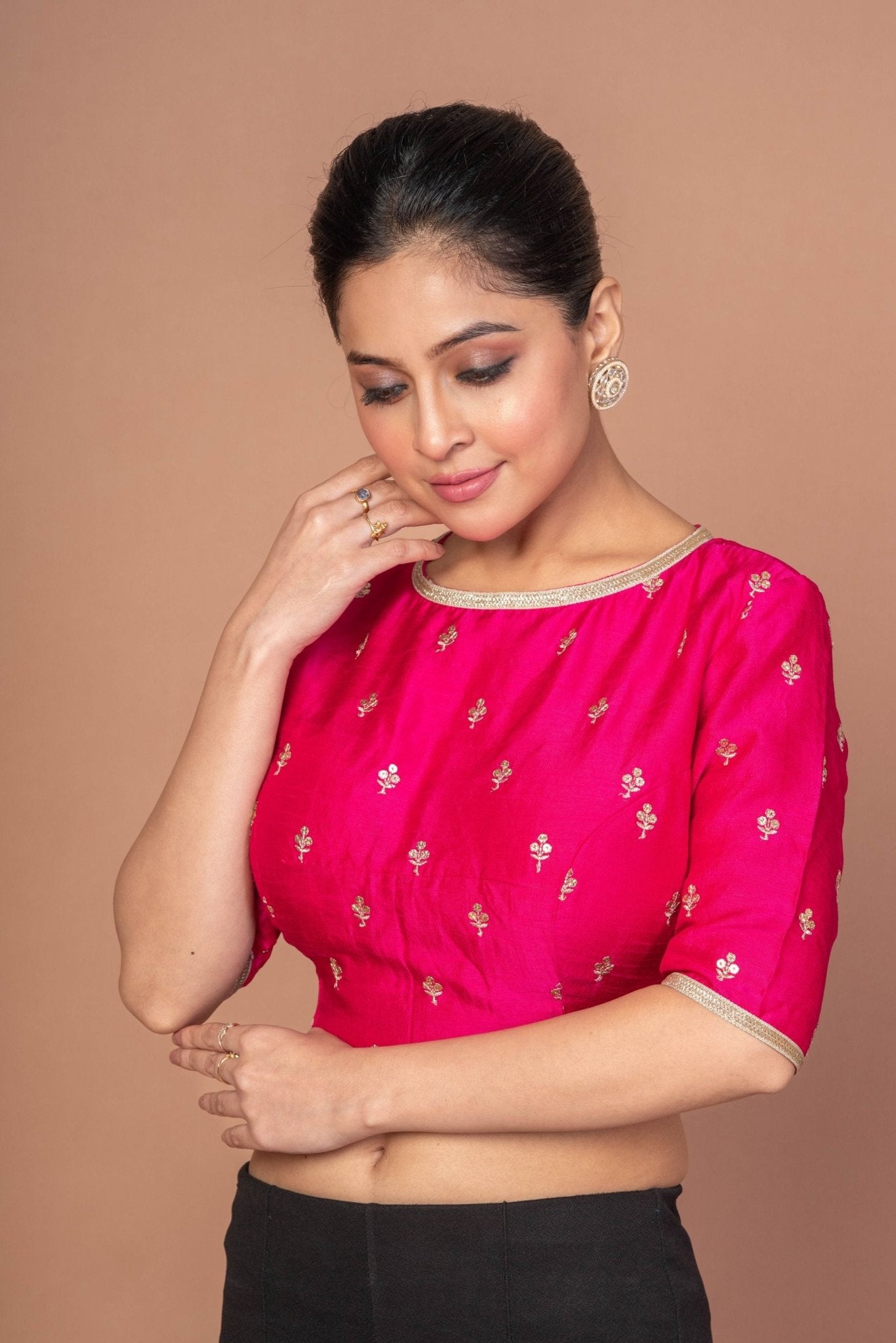 Fuchsia Pink Blouse With Floral Golden embroidered work with Boat Neckline - Anvi Couture