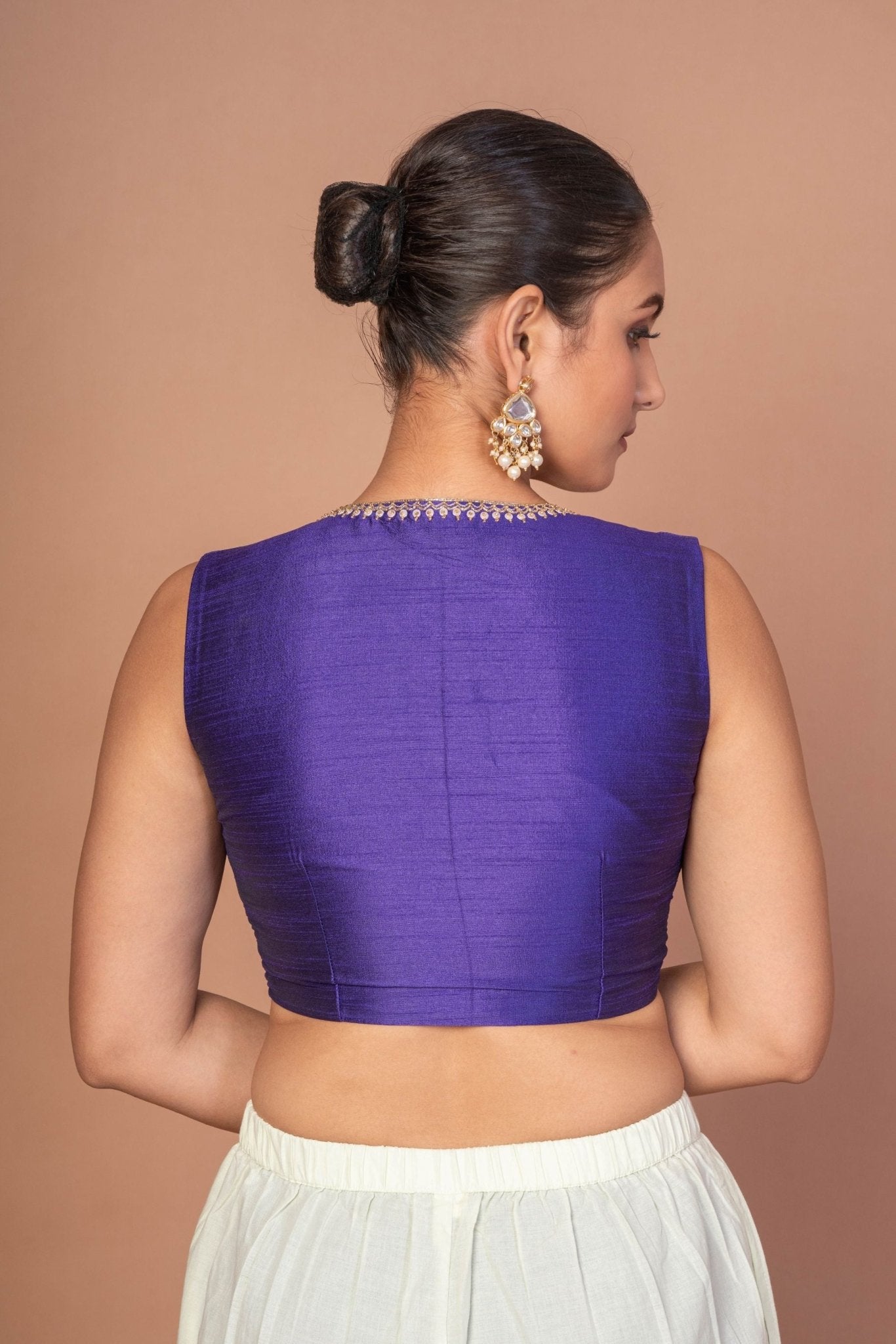 Royal Blue V Neckline Sleeveless Blouse With Embroidered Work - Anvi Couture