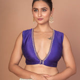 Royal Blue V Neckline Sleeveless Blouse With Embroidered Work - Anvi Couture