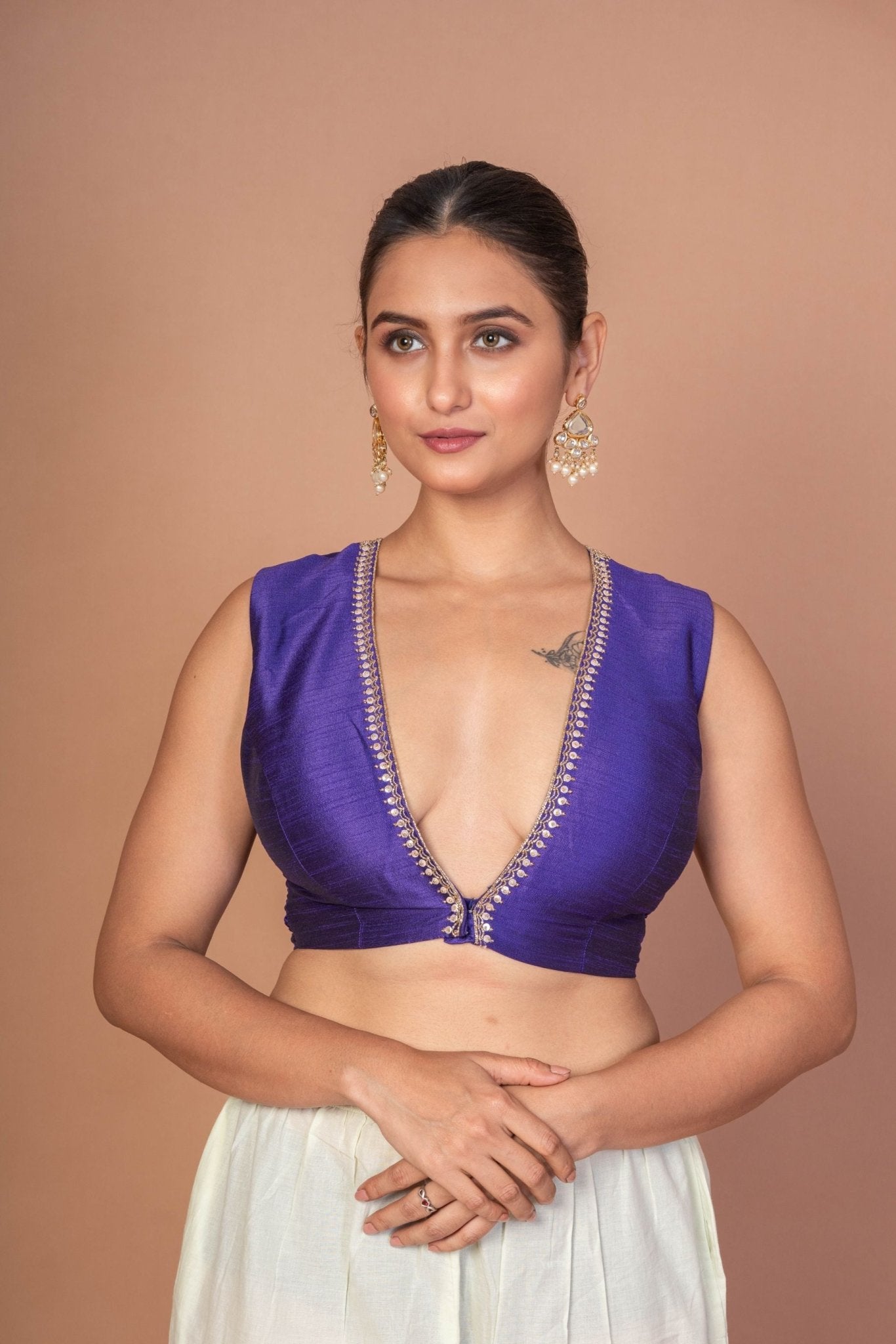 Royal Blue V Neckline Sleeveless Blouse With Embroidered Work - Anvi Couture