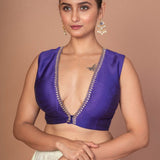 Royal Blue V Neckline Sleeveless Blouse With Embroidered Work - Anvi Couture