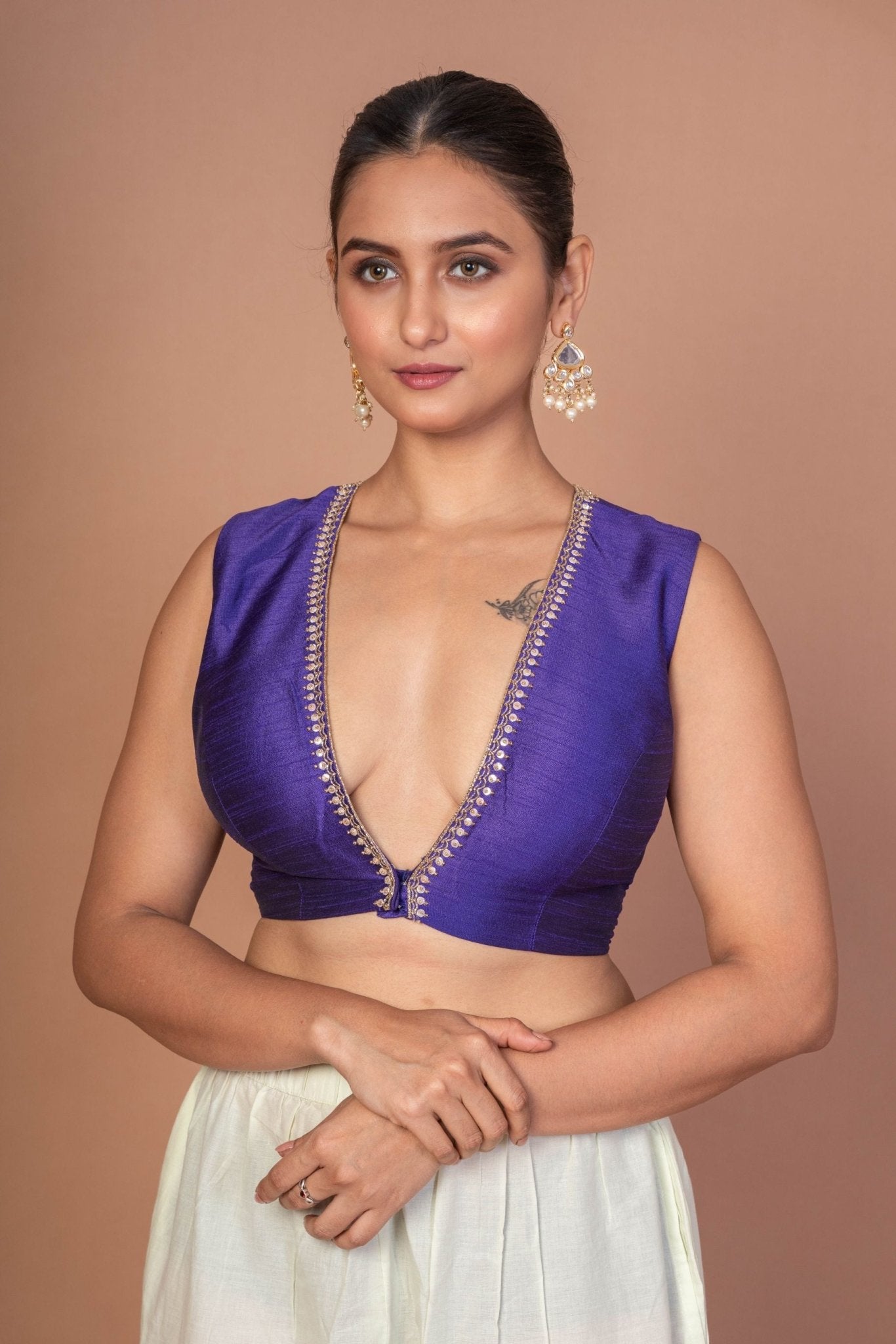 Royal Blue V Neckline Sleeveless Blouse With Embroidered Work - Anvi Couture