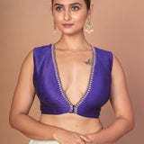Royal Blue V Neckline Sleeveless Blouse With Embroidered Work - Anvi Couture
