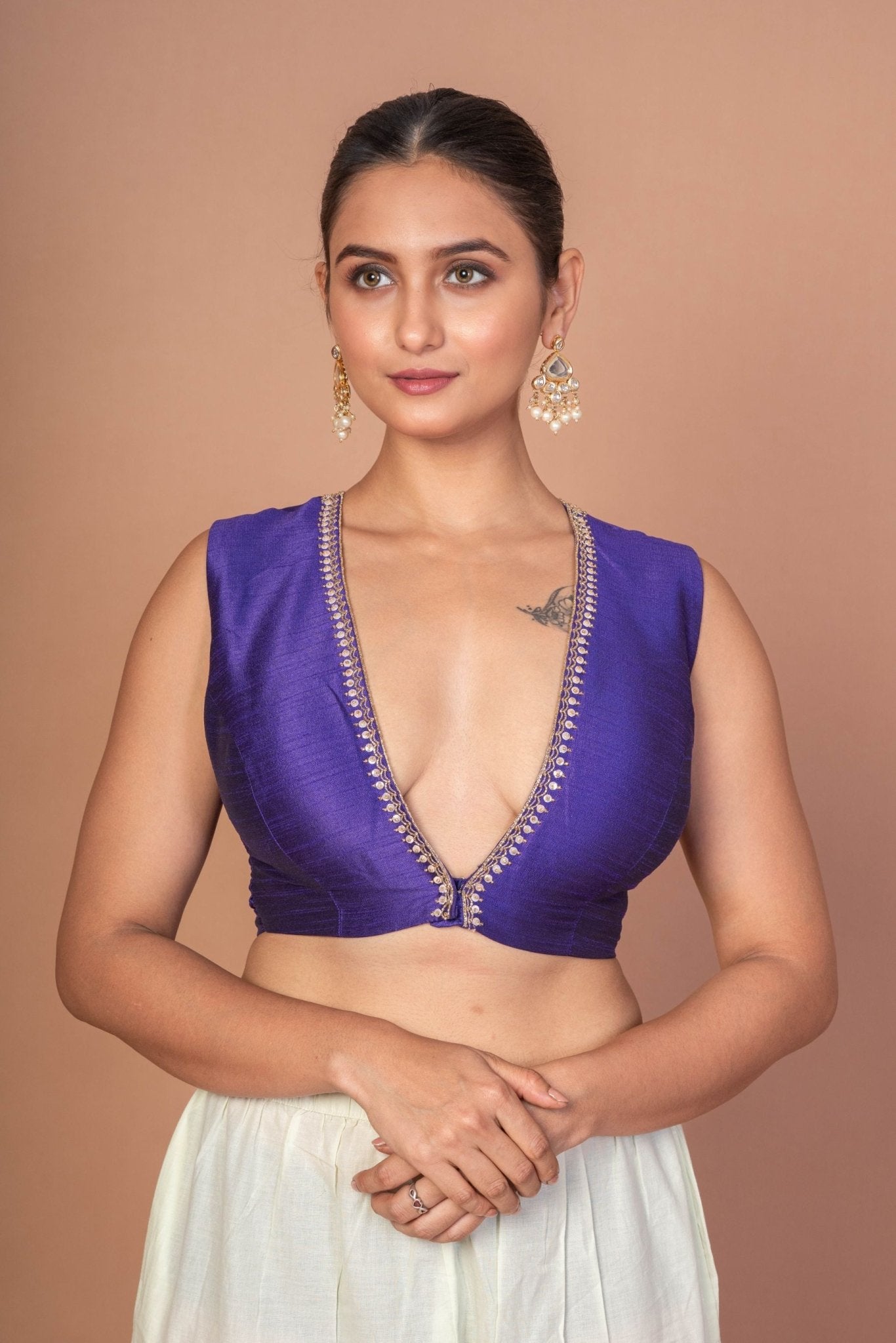Royal Blue V Neckline Sleeveless Blouse With Embroidered Work - Anvi Couture