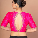 Hot Pink Hand Embroidered Blouse in Raw Silk With Boat Neckline and Back cutout - Anvi Couture
