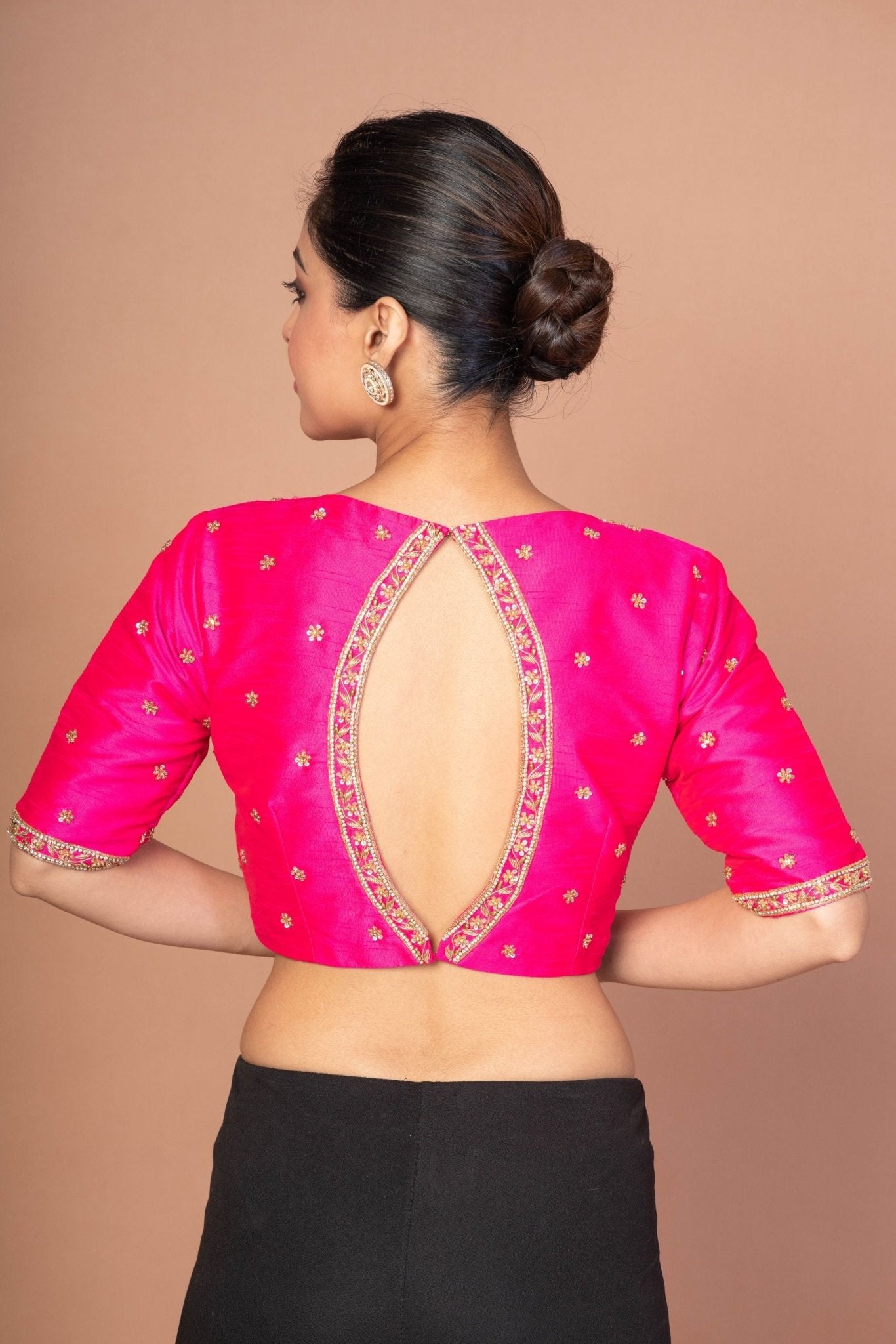 Hot Pink Hand Embroidered Blouse in Raw Silk With Boat Neckline and Back cutout - Anvi Couture