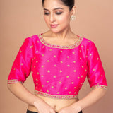 Hot Pink Hand Embroidered Blouse in Raw Silk With Boat Neckline and Back cutout - Anvi Couture