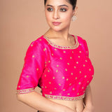 Hot Pink Hand Embroidered Blouse in Raw Silk With Boat Neckline and Back cutout - Anvi Couture