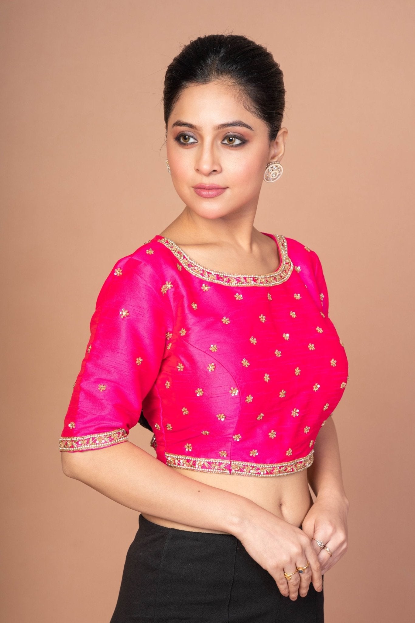Hot Pink Hand Embroidered Blouse in Raw Silk With Boat Neckline and Back cutout - Anvi Couture