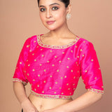 Hot Pink Hand Embroidered Blouse in Raw Silk With Boat Neckline and Back cutout - Anvi Couture