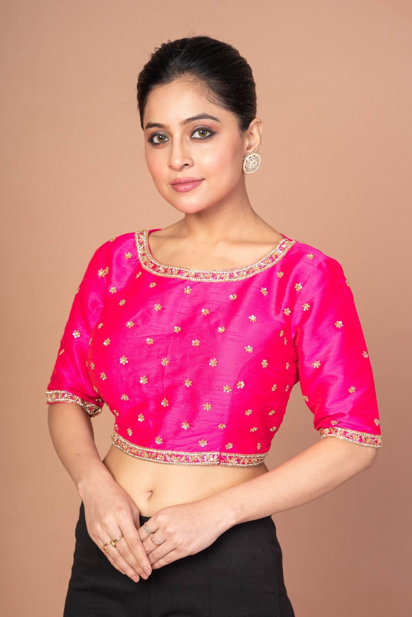 Hot Pink Hand Embroidered Blouse in Raw Silk With Boat Neckline and Back cutout - Anvi Couture