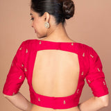 Dark Pink Boat Neck Raw Silk Blouse With Square Backcut out - Anvi Couture