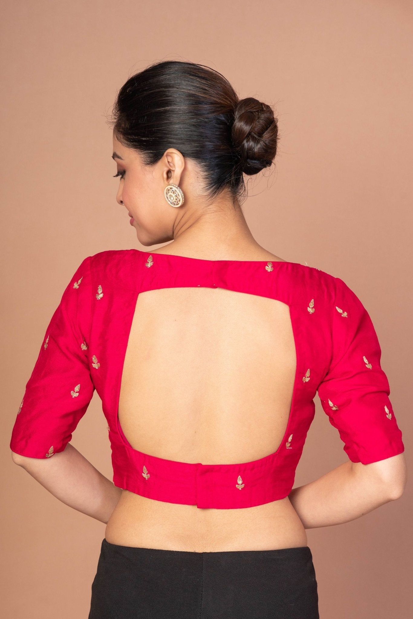 Dark Pink Boat Neck Raw Silk Blouse With Square Backcut out - Anvi Couture