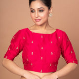 Dark Pink Boat Neck Raw Silk Blouse With Square Backcut out - Anvi Couture