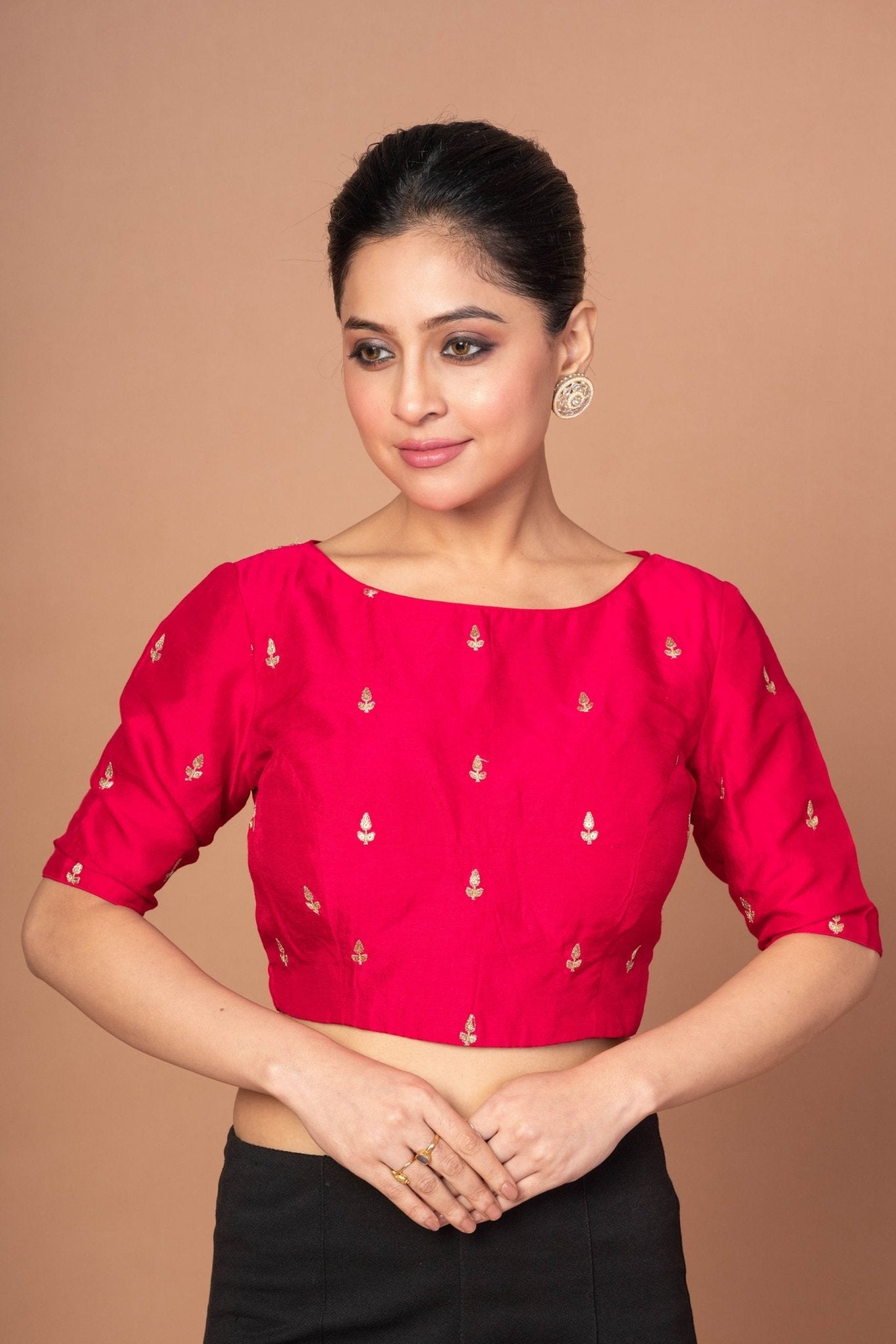 Dark Pink Boat Neck Raw Silk Blouse With Square Backcut out - Anvi Couture