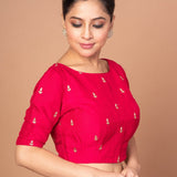 Dark Pink Boat Neck Raw Silk Blouse With Square Backcut out - Anvi Couture