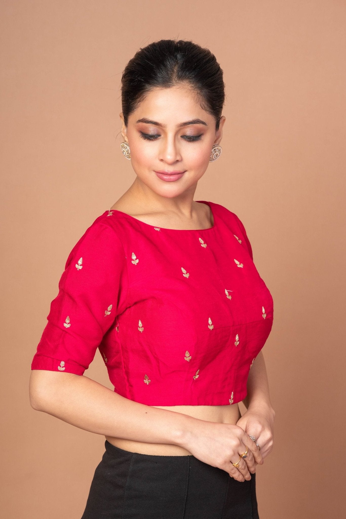 Dark Pink Boat Neck Raw Silk Blouse With Square Backcut out - Anvi Couture