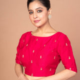 Dark Pink Boat Neck Raw Silk Blouse With Square Backcut out - Anvi Couture