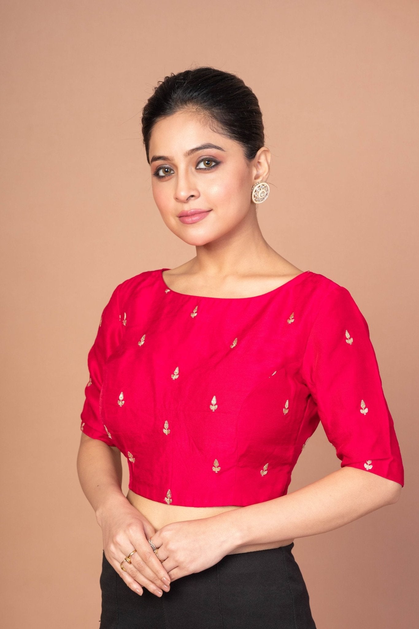 Dark Pink Boat Neck Raw Silk Blouse With Square Backcut out - Anvi Couture