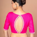 Rose Pink Silk Blouse with Pearl Embroidered Work with Boat Neck and Back Cutout - image 4