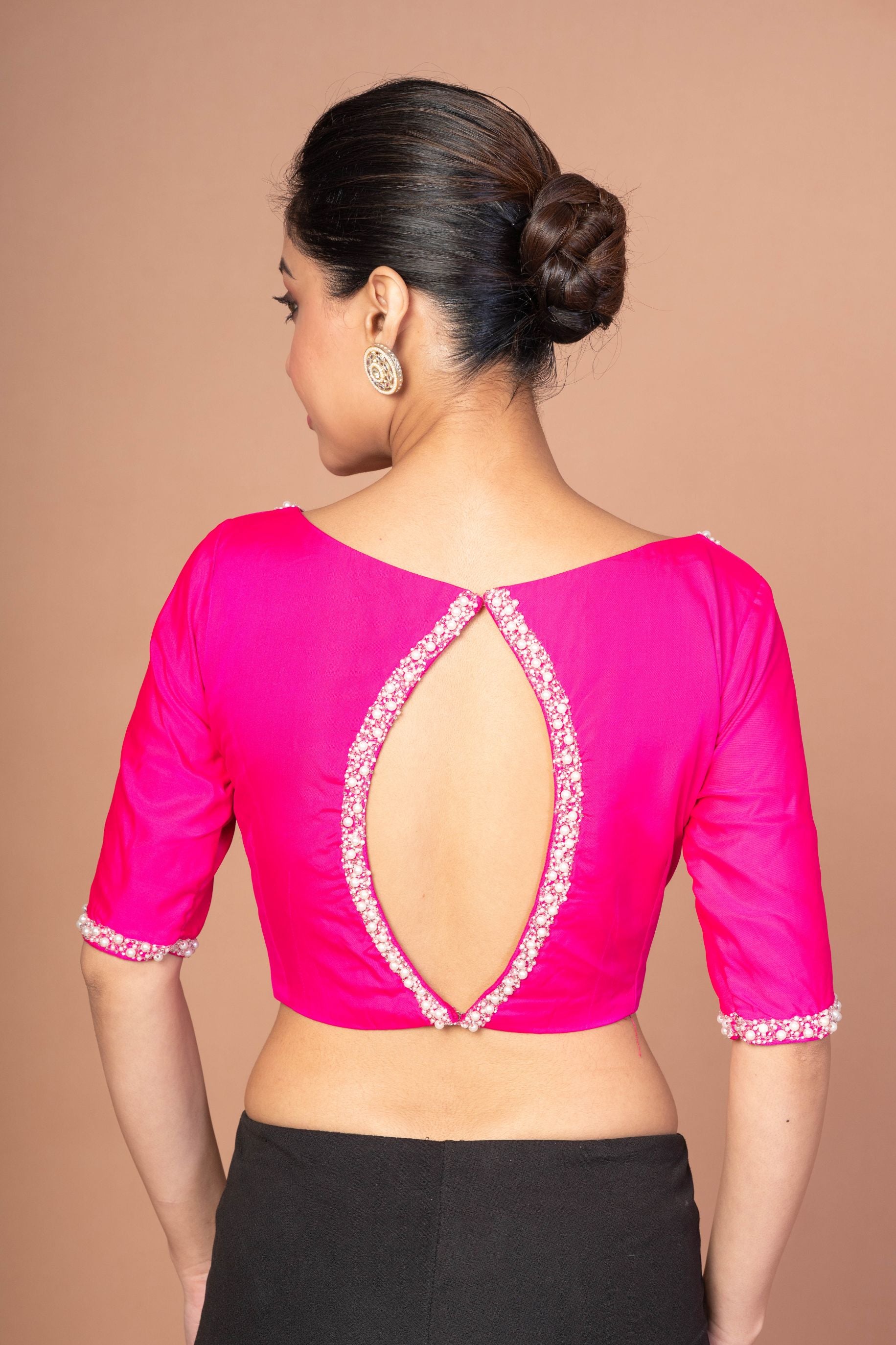 Rose Pink Silk Blouse with Pearl Embroidered Work with Boat Neck and Back Cutout - image 4