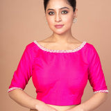 Rose Pink Silk Blouse with Pearl Embroidered Work with Boat Neck and Back Cutout - image 1