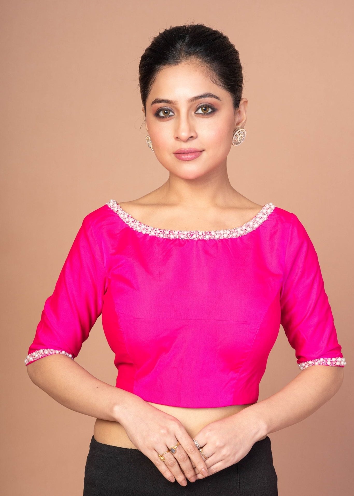 Rose Pink Silk Blouse with Pearl Embroidered Work with Boat Neck and Back Cutout - Anvi Couture