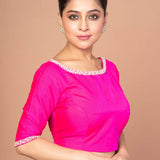 Rose Pink Silk Blouse with Pearl Embroidered Work with Boat Neck and Back Cutout - image 2