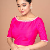 Rose Pink Silk Blouse with Pearl Embroidered Work with Boat Neck and Back Cutout - image 3