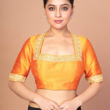 Raw Silk Yellow Blouse in Halter Square Neckline With Hand Embroirdered Work - Anvi Couture