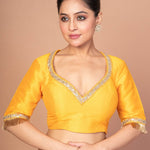 Yellow Raw Silk Blouse with Round Net Embroidered Work in Back and Sweet Heart - Anvi Couture