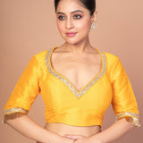 Yellow Raw Silk Blouse with Round Net Embroidered Work in Back and Sweet Heart - Anvi Couture