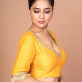 Yellow Raw Silk Blouse with Round Net Embroidered Work in Back and Sweet Heart - Anvi Couture
