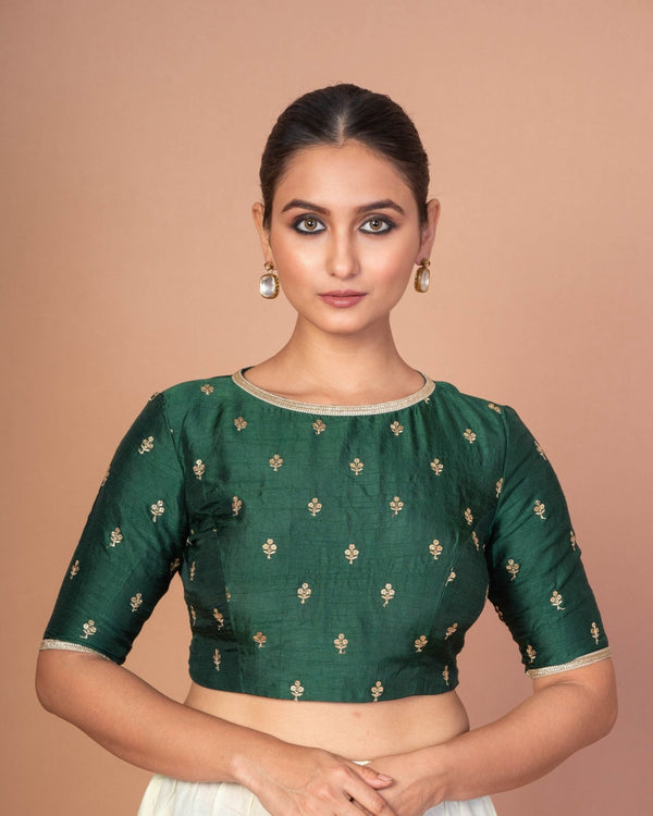 Dark Green Blouse with Golden Floral Embroidery and Boat Neckline - Anvi Couture