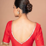 Red Raw Silk Square Neck Blouse with Golden Border and Sleeve Bootis - Anvi Couture