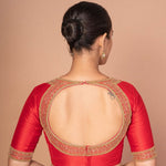 Red Raw Silk Hand - Embroidered Blouse with Golden Beads & Round Back Cut - Out - Anvi Couture