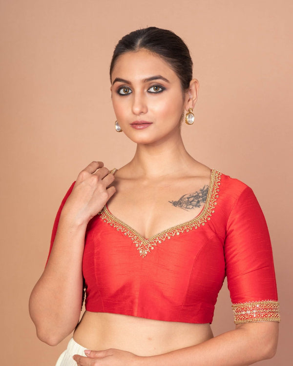 Red Raw Silk Hand - Embroidered Blouse with Golden Beads & Round Back Cut - Out - Anvi Couture