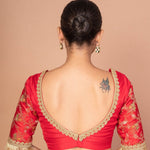 Designer Red Banarasi Blouse Featuring Embroidered Border & Stylish Back Cut - Out - Anvi Couture