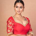 Designer Red Banarasi Blouse Featuring Embroidered Border & Stylish Back Cut - Out - Anvi Couture