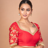 Designer Red Banarasi Blouse Featuring Embroidered Border & Stylish Back Cut - Out - Anvi Couture