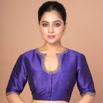 Blue Raw Silk Blouse with Hand Embroidery, Scoop Neckline & Elbow Sleeves - Anvi Couture