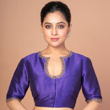 Blue Raw Silk Blouse with Hand Embroidery, Scoop Neckline & Elbow Sleeves - Anvi Couture
